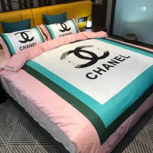 Chanel Light Pink Blue Logo Brand Bedding Set Bedspread Luxury Bedroom Home Decor