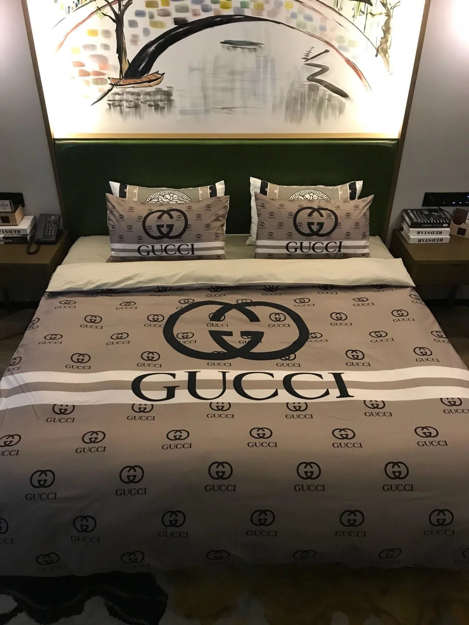 Gucci Brown Logo Brand Bedding Set Home Decor Luxury Bedroom Bedspread