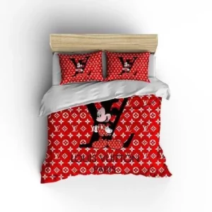 Louis Vuiton Mickey Red Cute Logo Brand Bedding Set Bedspread Home Decor Bedroom Luxury