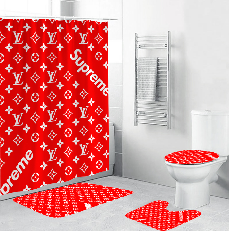 Louis Vuitton Supreme Red Bathroom Set Luxury Fashion Brand Hypebeast Home Decor Bath Mat