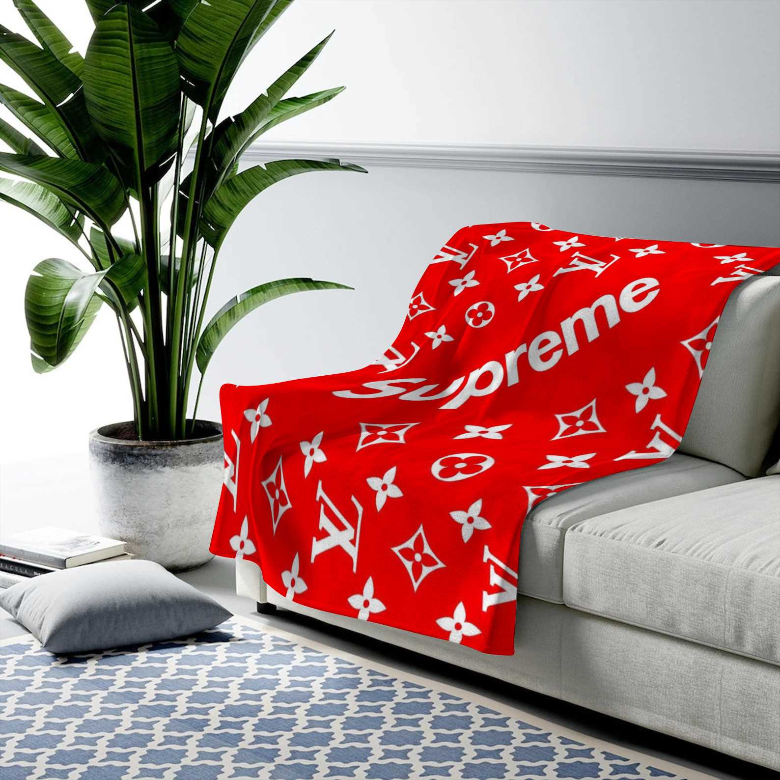 Louis Vuitton Supreme Red Logo Fleece Blanket Home Decor Luxury Fashion Brand