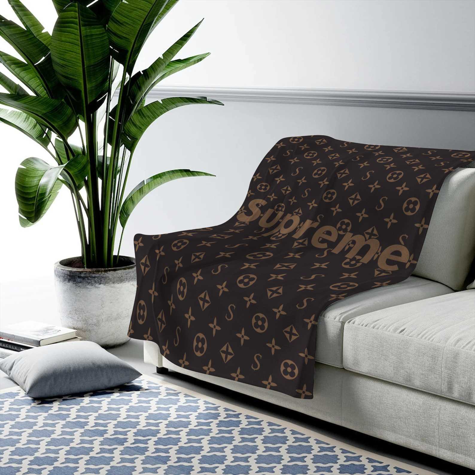 Louis Vuitton Supreme Brown Logo Fleece Blanket Luxury Home Decor Fashion Brand