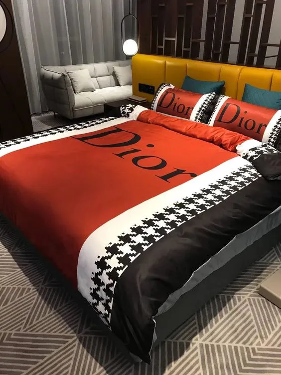 Dior Red Logo Brand Bedding Set Home Decor Bedroom Bedspread Luxury