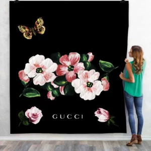 Gucci Flowers Logo Fleece Blanket Fashion Brand Home Decor Luxury