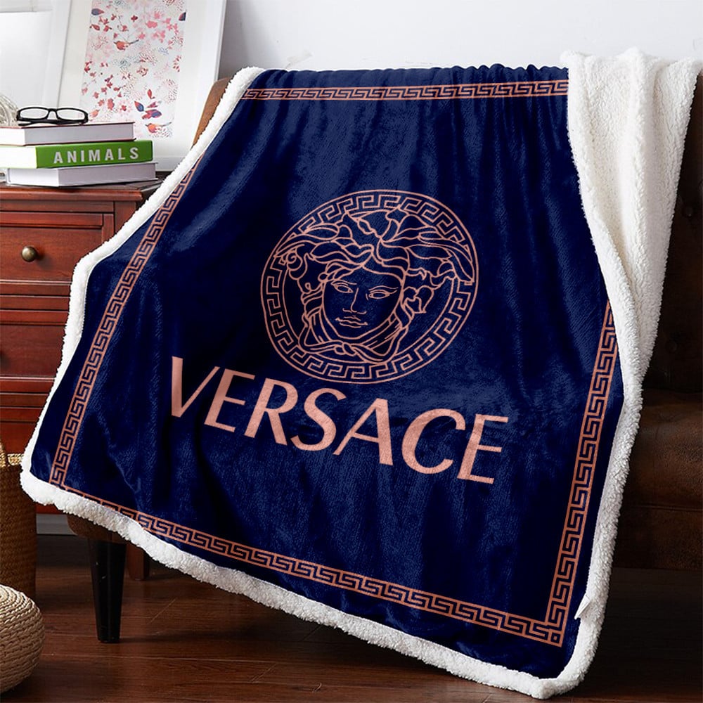 Versace Blue Logo Fleece Blanket Luxury Fashion Brand Home Decor