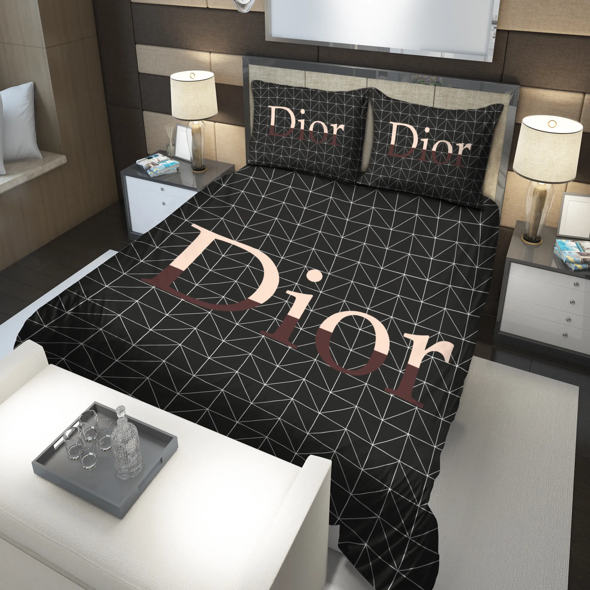 Dior Black Logo Brand Bedding Set Luxury Bedspread Home Decor Bedroom