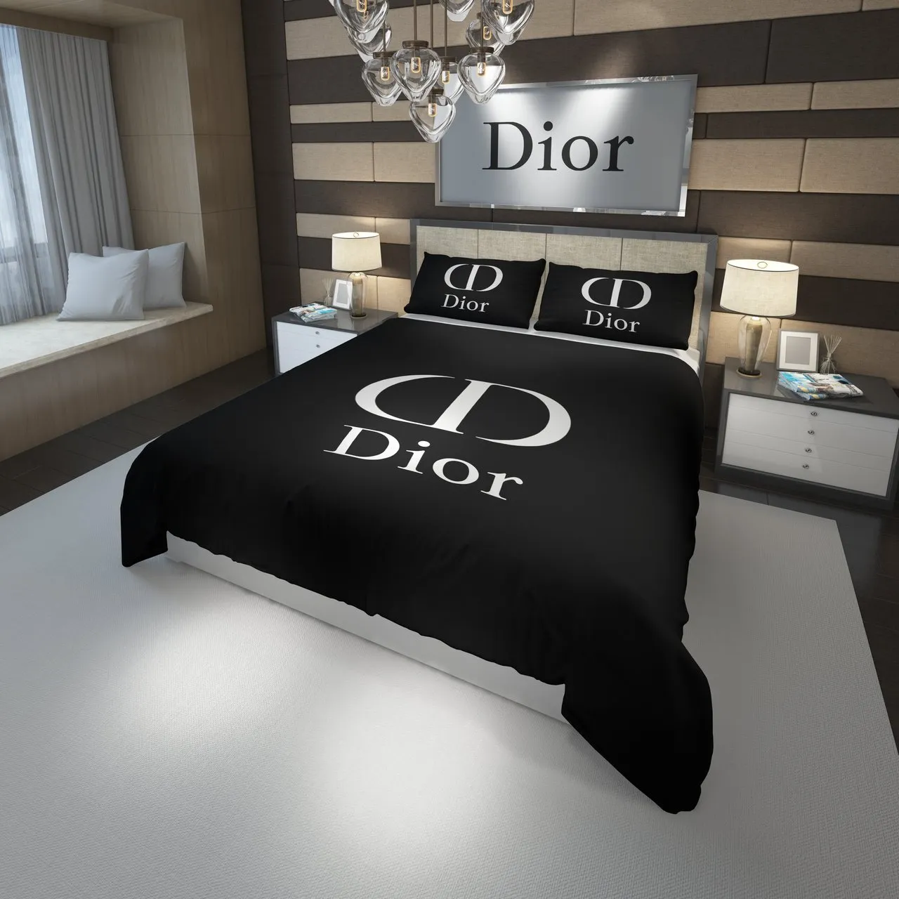 Christian Dior Black Logo Brand Bedding Set Bedroom Bedspread Luxury Home Decor