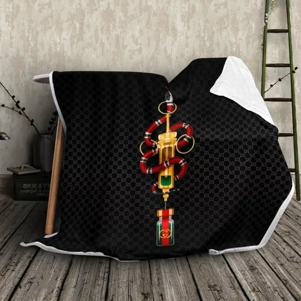 Gucci Snake Black Logo Fleece Blanket Fashion Brand Home Decor Luxury