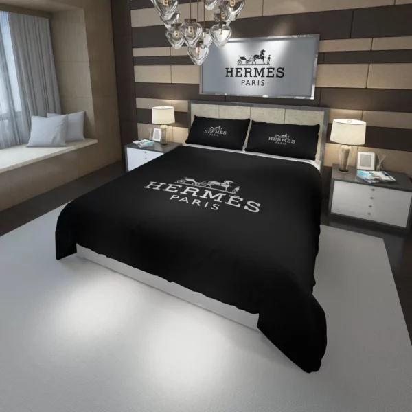 Hermes Paris Black Logo Brand Bedding Set Luxury Bedroom Bedspread Home Decor