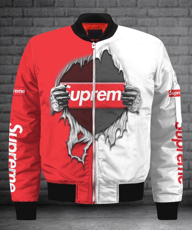 Supreme Red White Bomber Jacket Luxury Fashion Brand Outfit