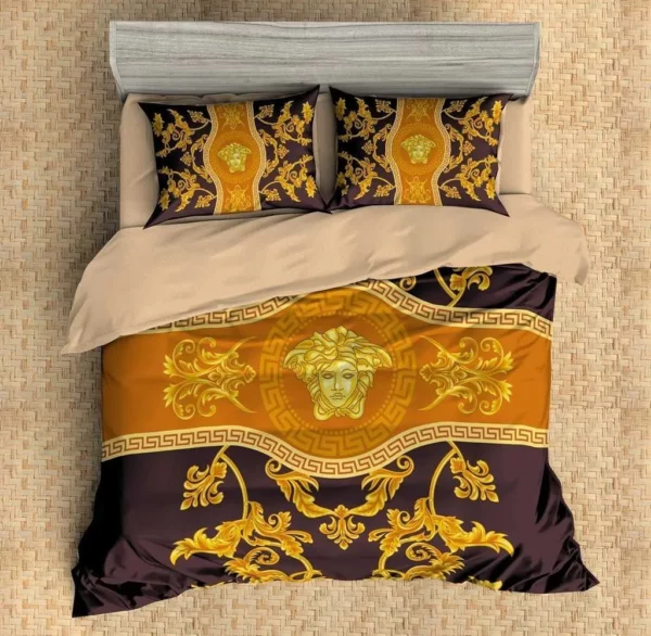 Versace Brown Golden Logo Brand Bedding Set Home Decor Luxury Bedroom Bedspread
