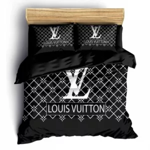 Louis Vuitton Black Logo Brand Bedding Set Bedroom Luxury Bedspread Home Decor