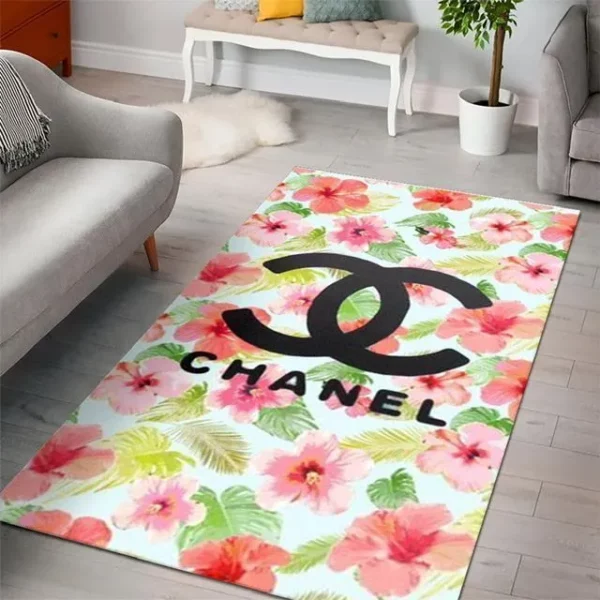 Chanel Pinky Flowers Rectangle Rug Luxury Door Mat Fashion Brand Home Decor Area Carpet