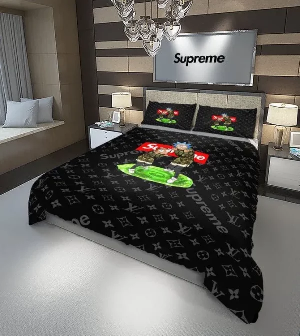 Louis Vuitton Supreme Rick And Morty Logo Brand Bedding Set Home Decor Luxury Bedspread Bedroom