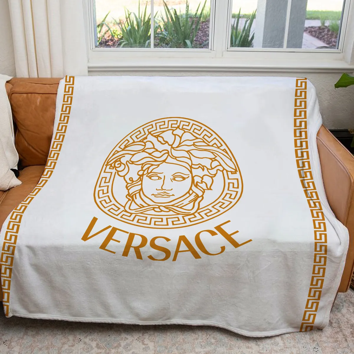 Versace White Golden Logo Fleece Blanket Luxury Fashion Brand Home Decor