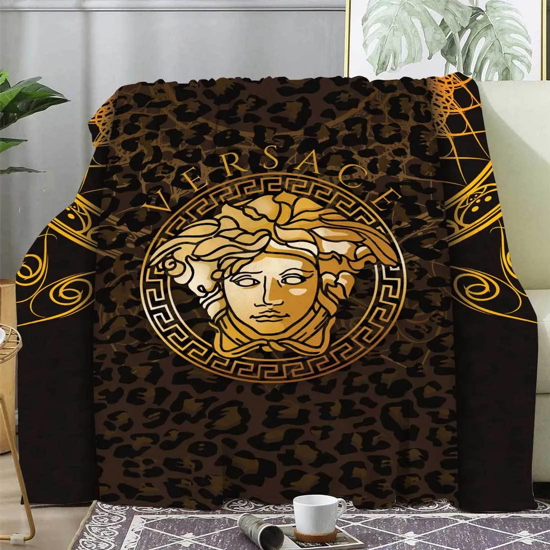 Versace Brown Medusa Fleece Blanket Home Decor Luxury Fashion Brand