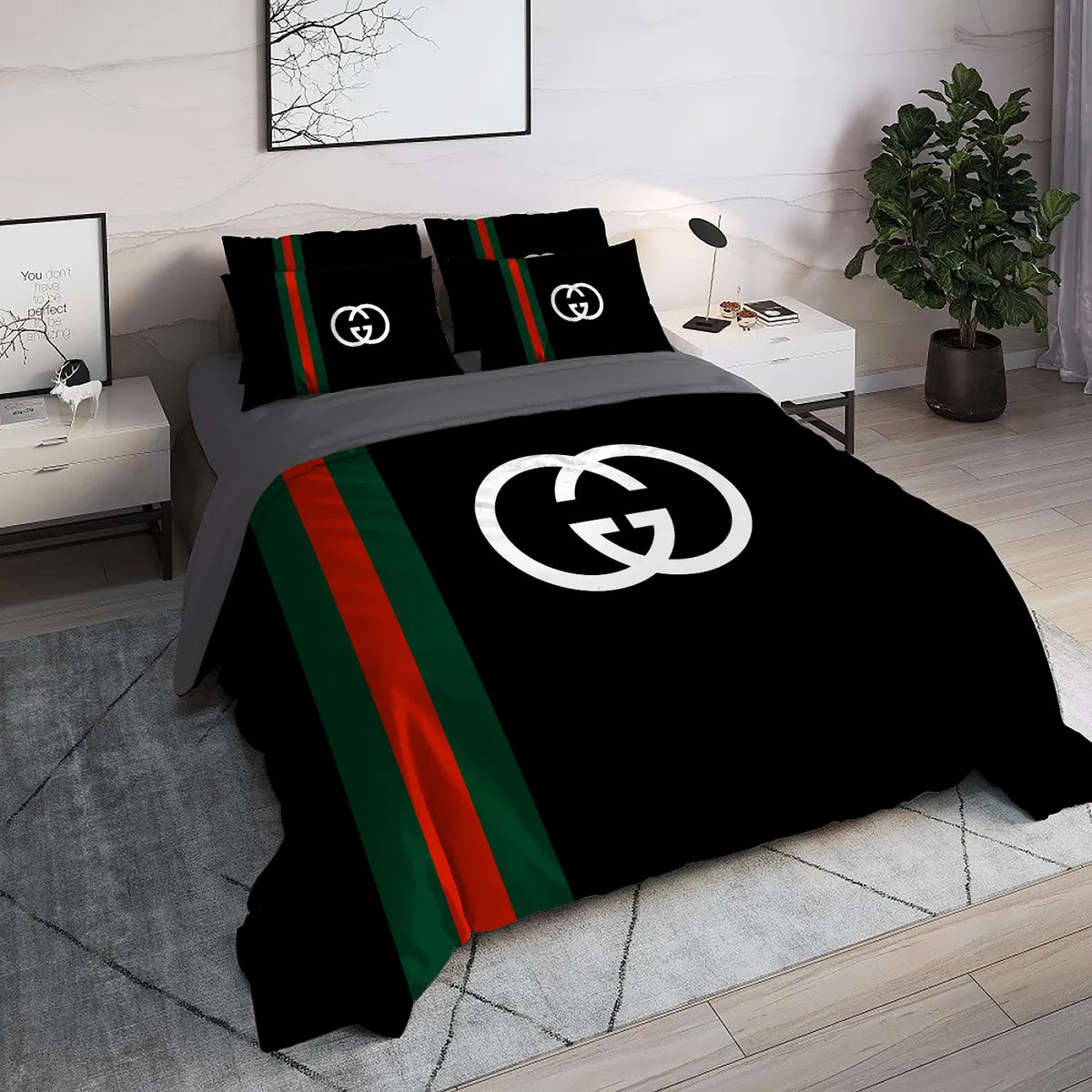 Gucci Black Logo Brand Bedding Set Bedroom Bedspread Luxury Home Decor