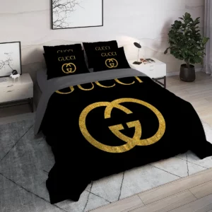 Gucci Black Golden Logo Brand Bedding Set Home Decor Bedroom Bedspread Luxury