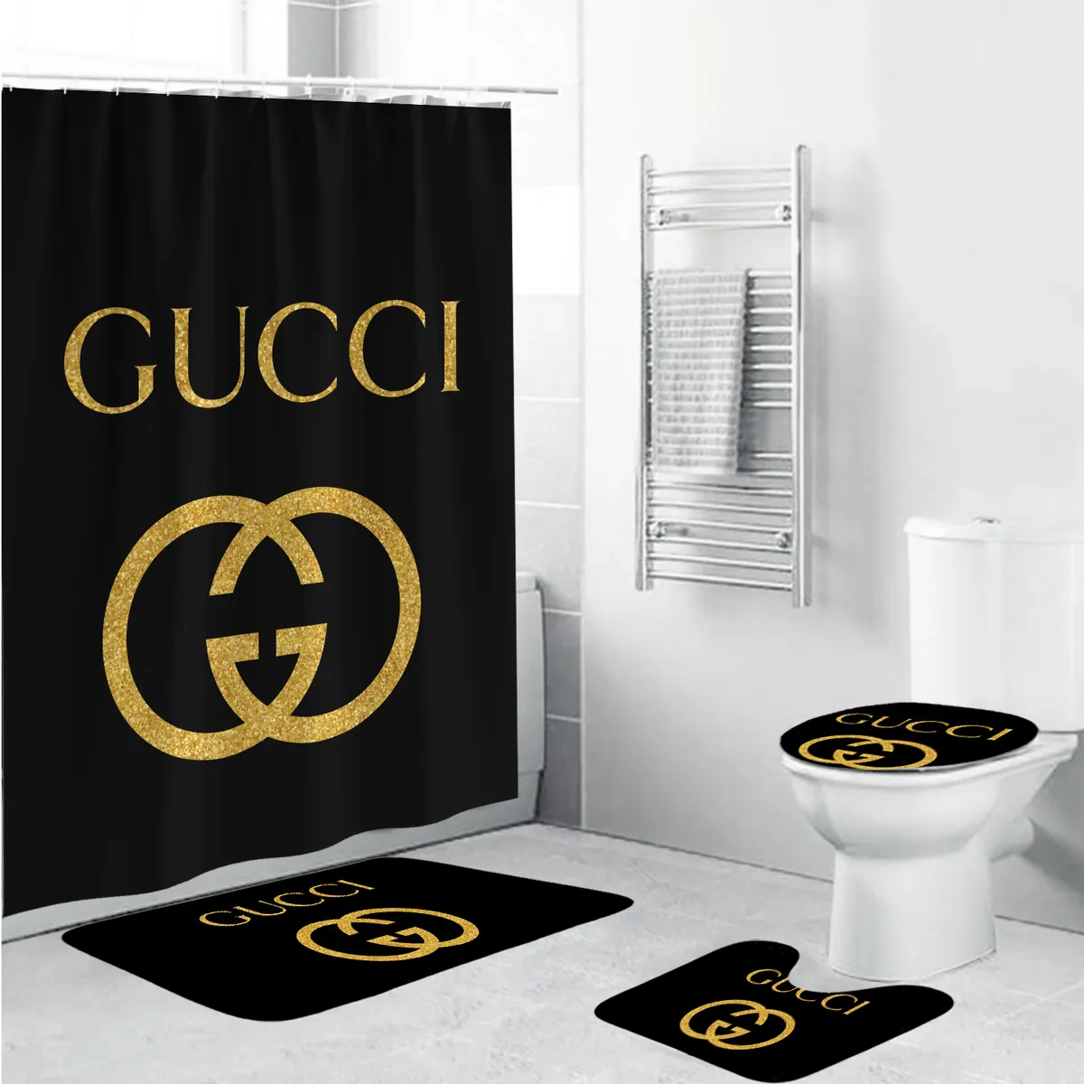 Gucci Black Golden Bathroom Set Home Decor Bath Mat Hypebeast Luxury Fashion Brand
