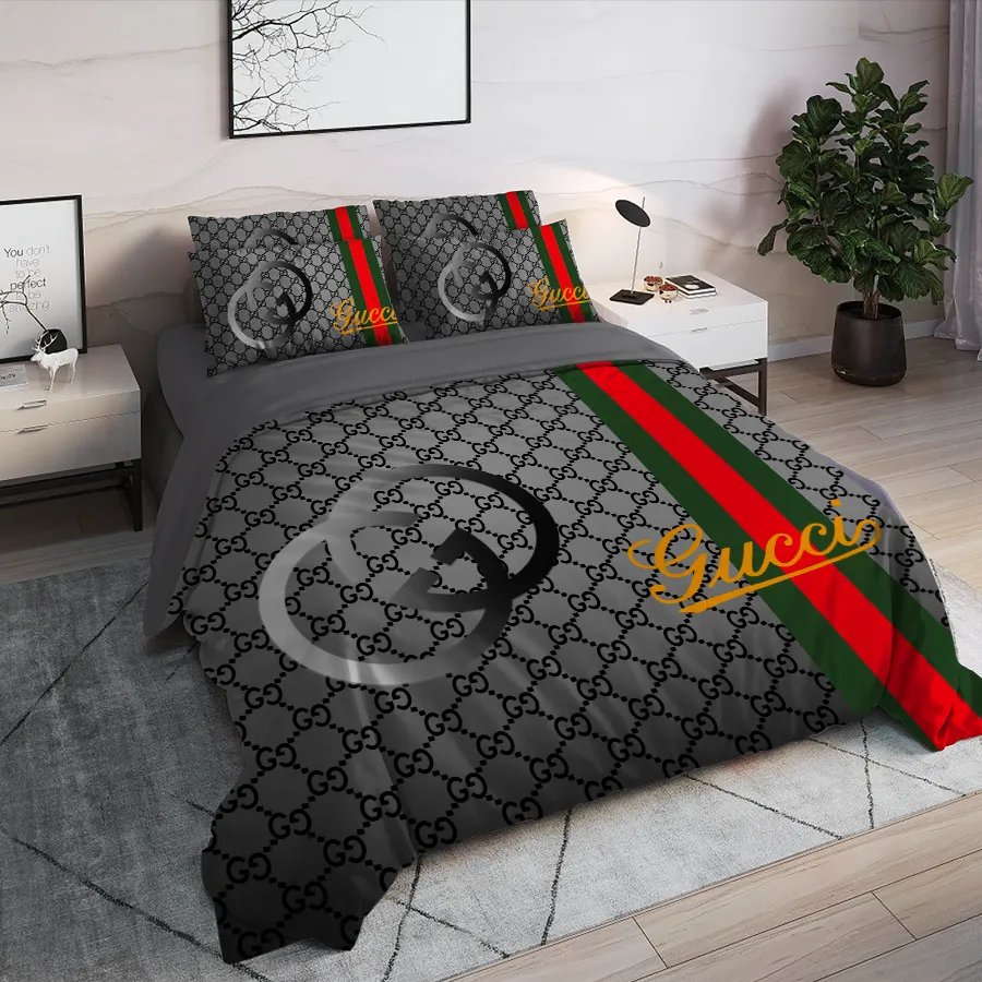 Gucci Grey Logo Brand Bedding Set Home Decor Bedspread Bedroom Luxury