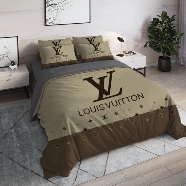 Louis Vuitton Light Grey Logo Brand Bedding Set Luxury Bedroom Bedspread Home Decor