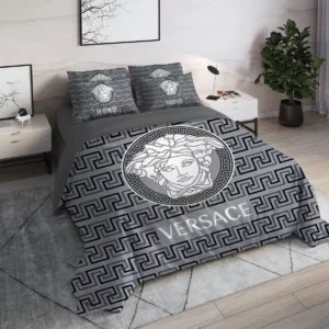 Versace Medusa Grey Logo Brand Bedding Set Luxury Bedspread Home Decor Bedroom