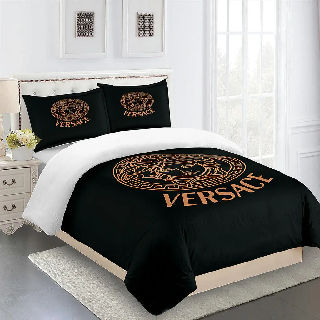 Versace Bronze Logo Brand Bedding Set Luxury Bedspread Bedroom Home Decor