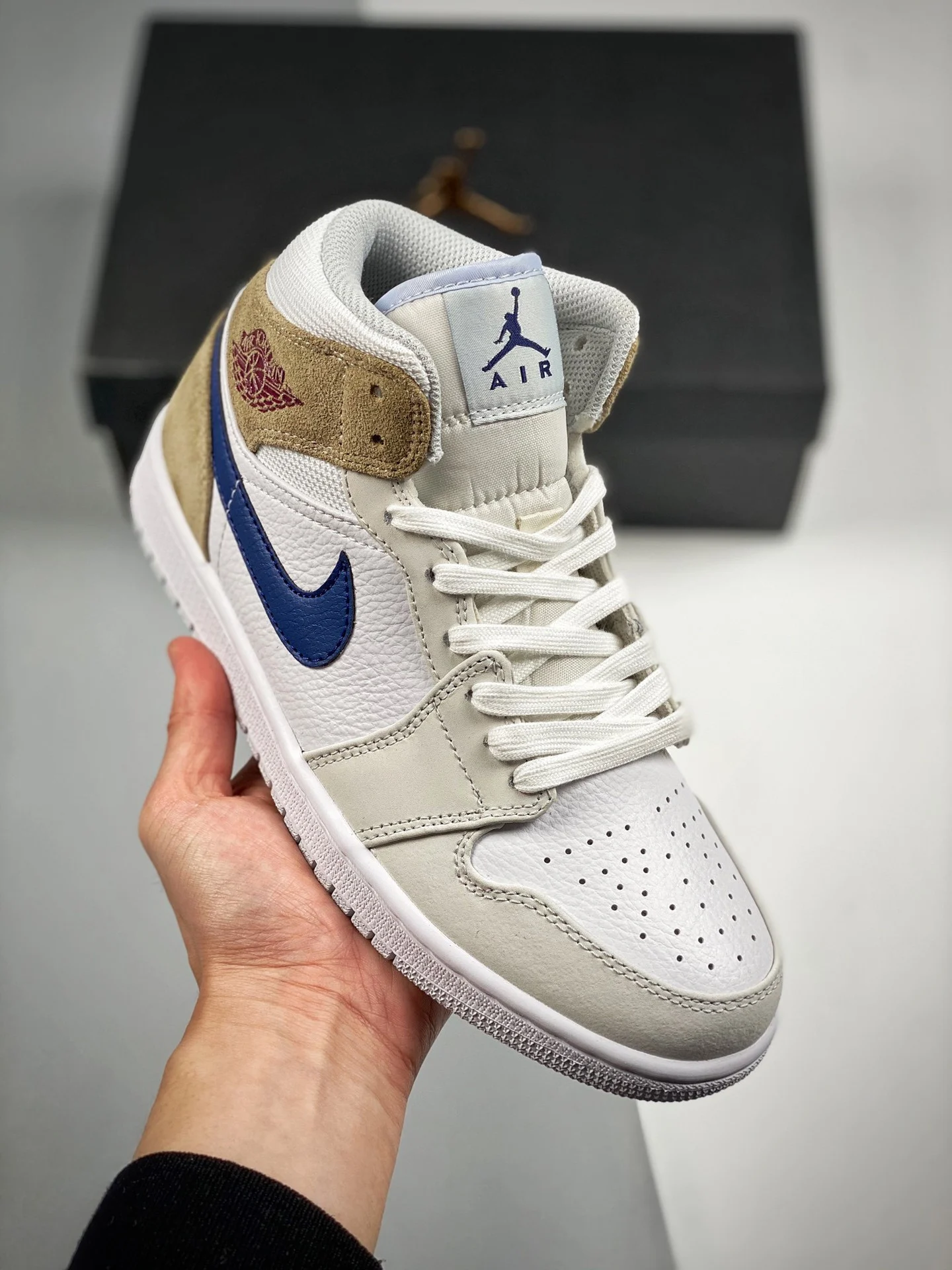 Air Jordan 1 Mid Navy Swooshes and Tan Suede DO6726-100 For Sale