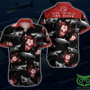 Bite People Hail Satan Floral Black And Red Hawaiian Shirt