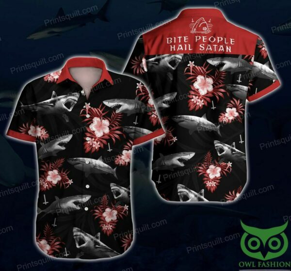 Bite People Hail Satan Floral Black And Red Hawaiian Shirt