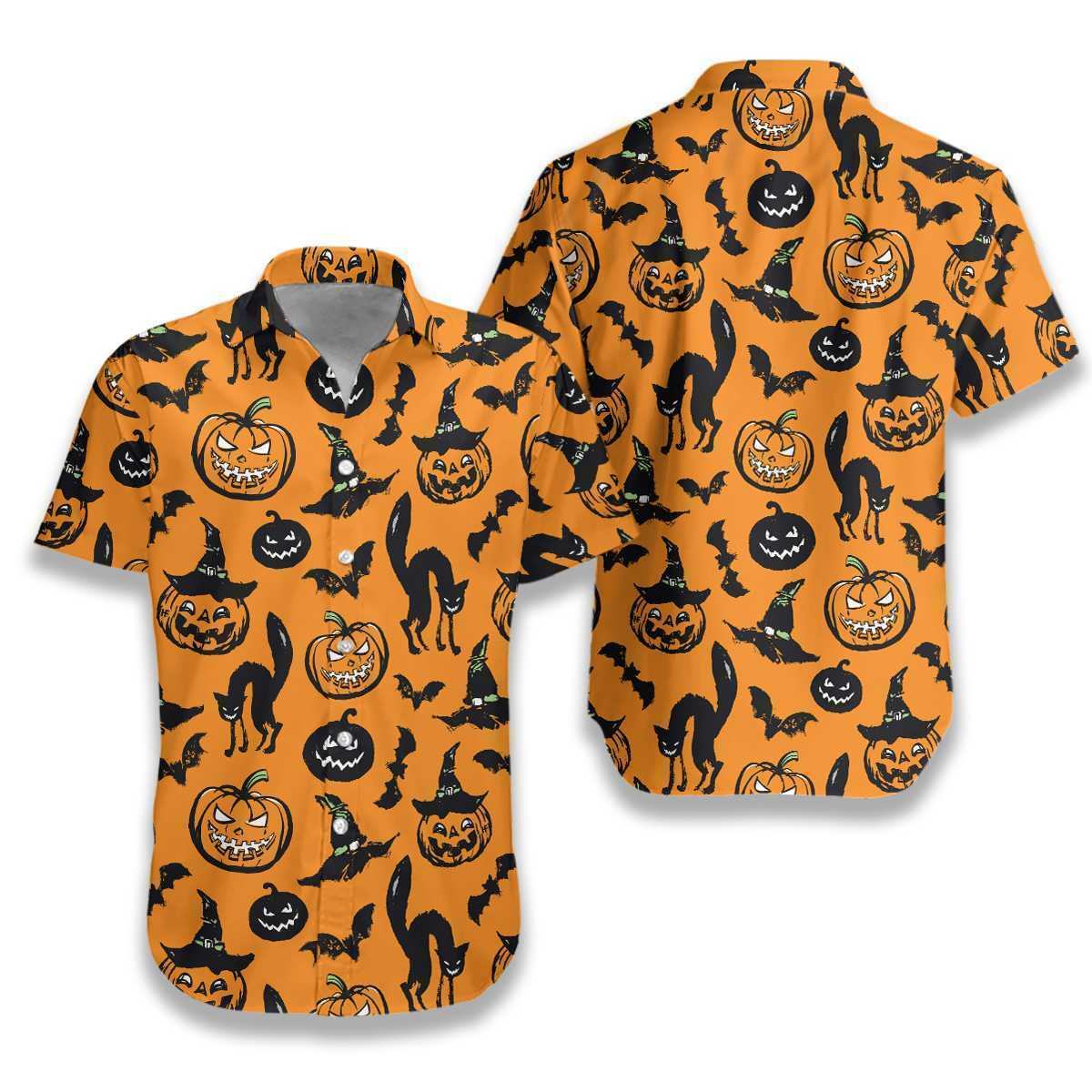 Black Cat Pumpkin And Bat Orange For Men Custom Hawaiian Shirt
