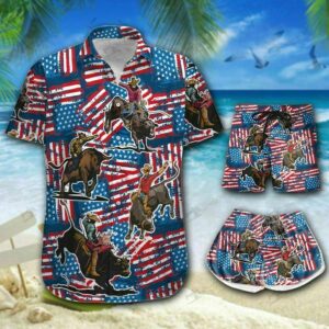 Bull Riding American Flag And Men Hawaiian Shirt