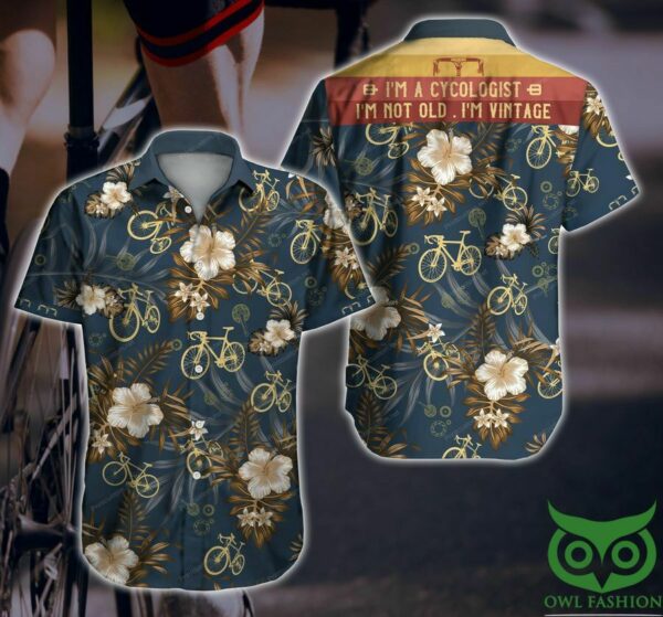 Cycling Vintage Golden Floral Indigo Blue Hawaiian Shirt