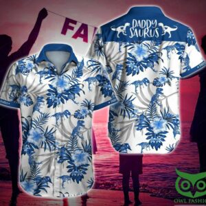 Daddysaurus Blue Floral White Hawaiian Shirt