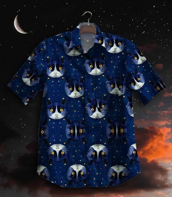 Cat Night Sky Button Up Hawaiian Shirt