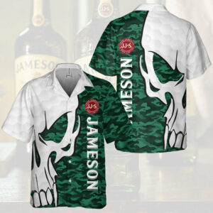 Jameson Irish Whiskey Army Green Camo Skull Hawaiian Shirt