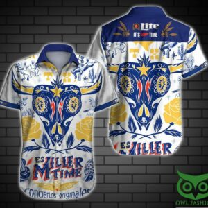 Miller Lite Beer Blue And Yellow And White Hawaiian Shirt