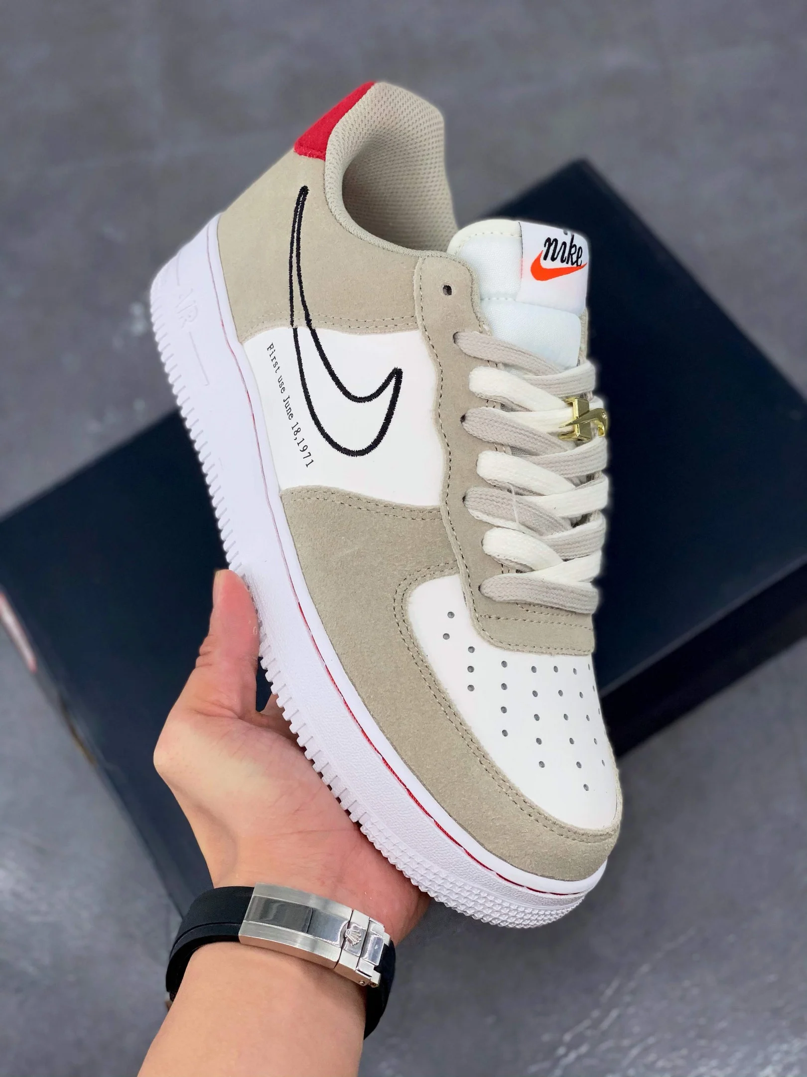 Nike Air Force 1 Low First Use Light Stone Black-Sail-University Red For Sale