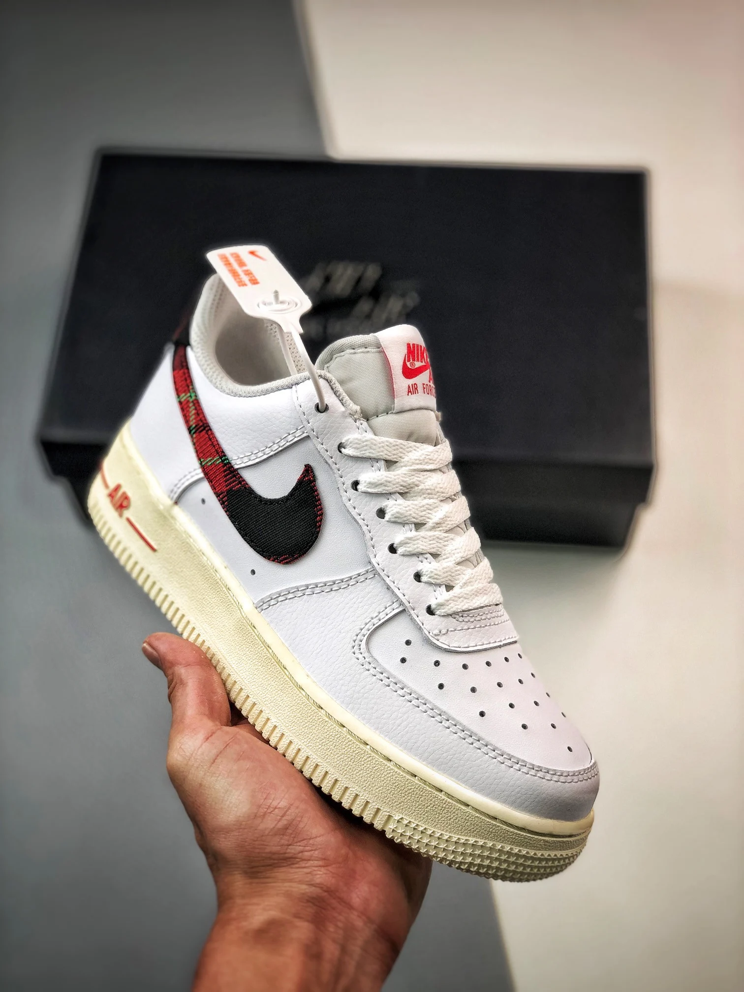 Nike Air Force 1 Low Plaid Swoosh White Red DV0789-100 For Sale
