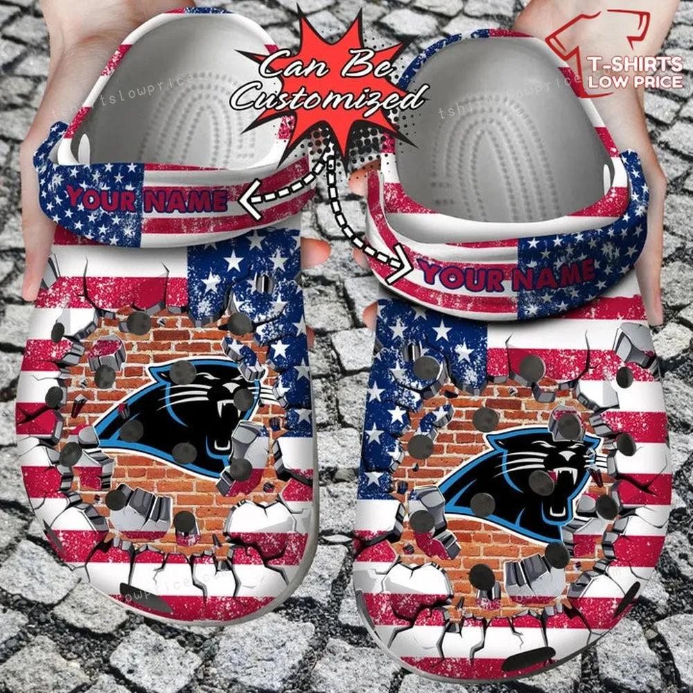 Carolina Panthers American Flag Breaking Wall Crocs Shoes AZ