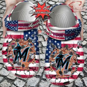 Miami Marlins American Flag Breaking Wall Crocs Shoes SW