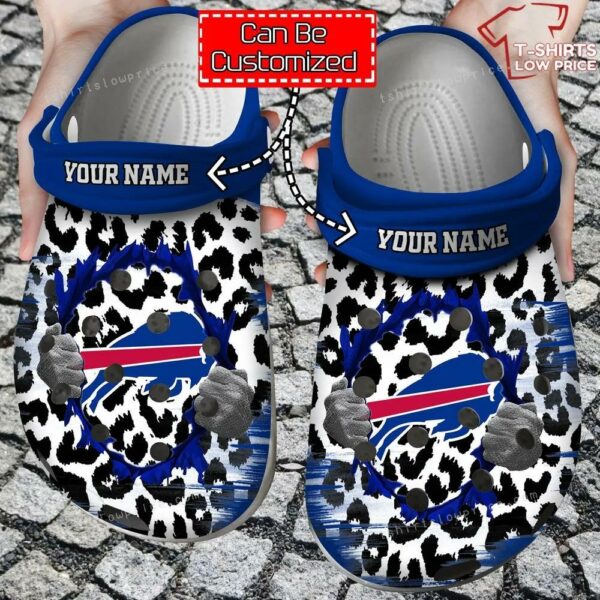 Name Logo Football Buffalo Bills Team Hands Ripping Through Leopard Crocs Shoes XJ