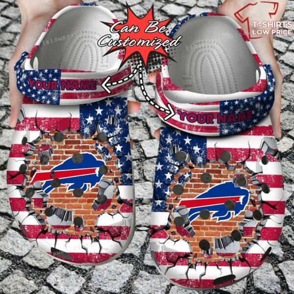 Name Logo Football Team Buffalo Bills American Flag Breaking Wall Crocs Shoes EI