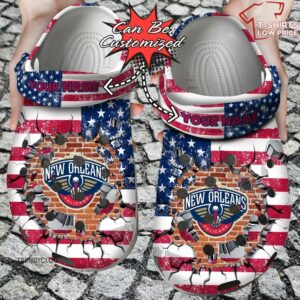 New Orleans Pelicans American Flag Breaking Wall Crocs Shoes YR