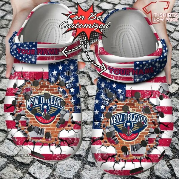 New Orleans Pelicans American Flag Breaking Wall Crocs Shoes YR