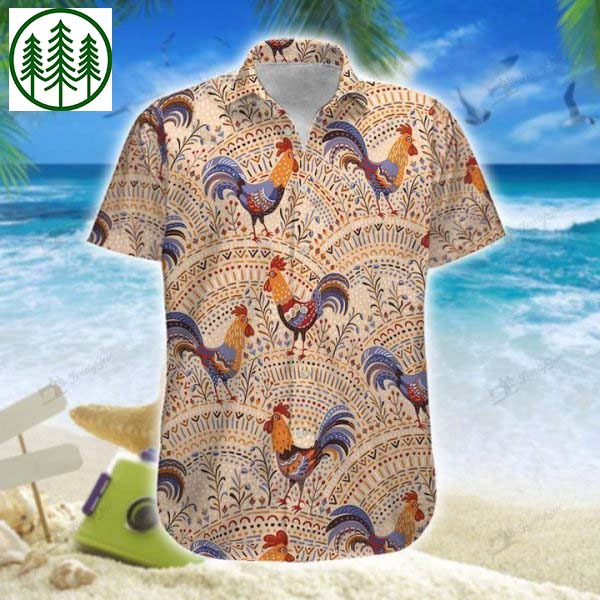 Rooster In Native Pattern Hawaiian Shirt