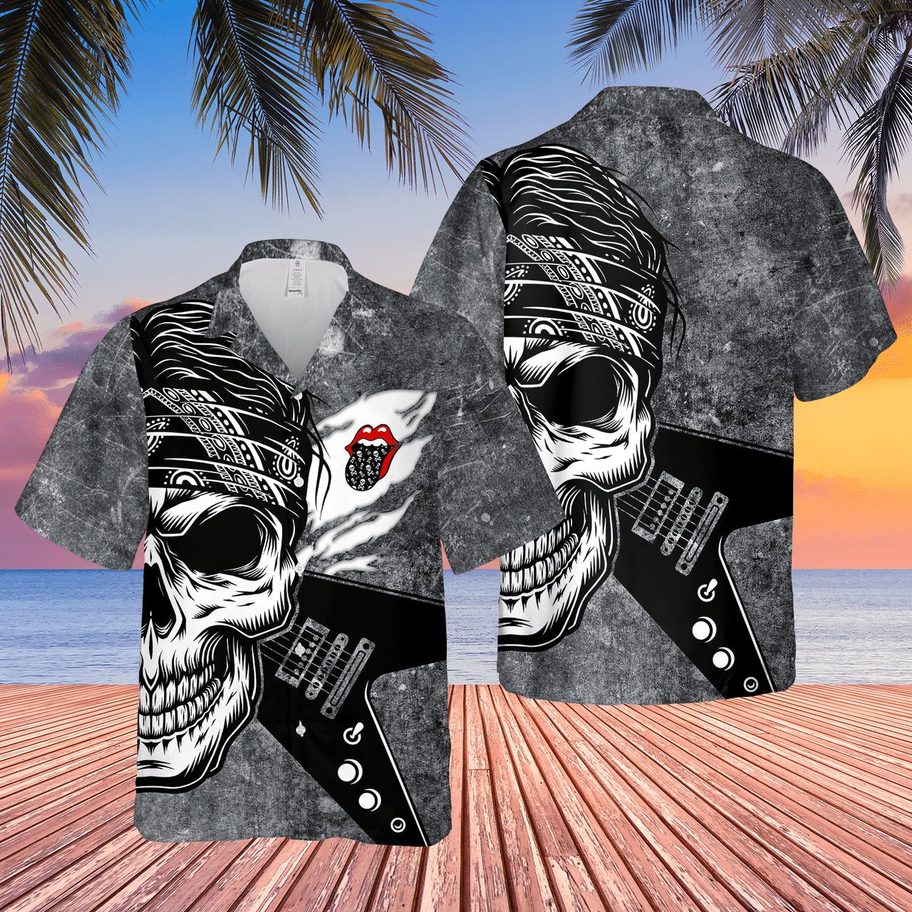 The Rolling Stones Rock 'N Roll Skull And Guitar Hawaiian Shirt