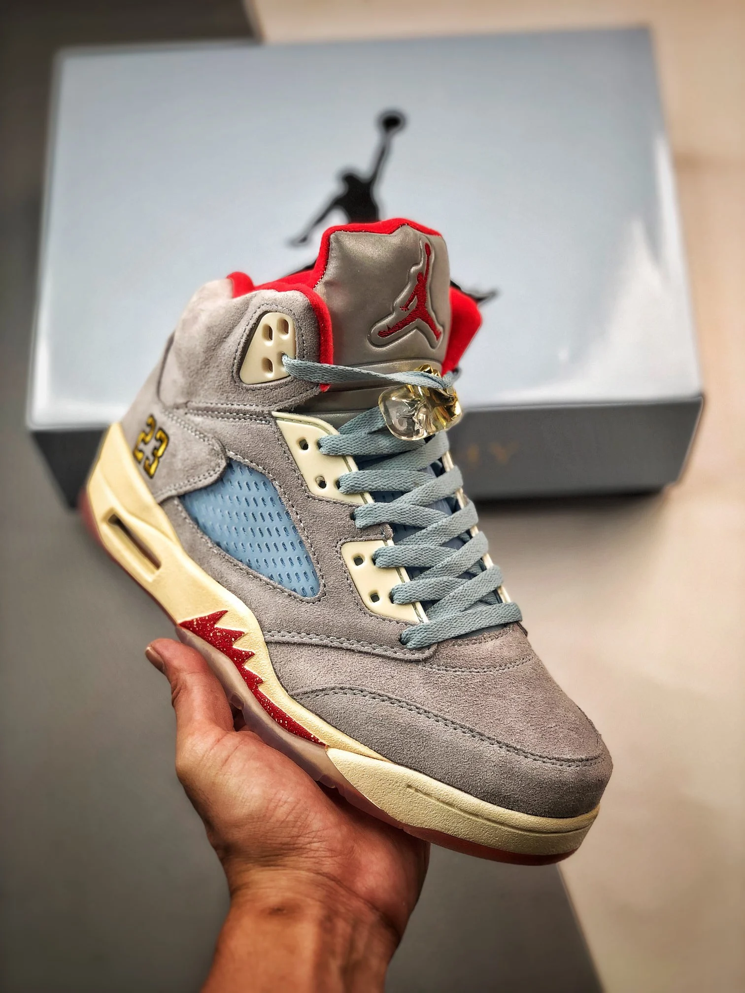 Trophy Room x Air Jordan 5 JSP Ice Blue Sail-Metallic Gold-University Red For Sale