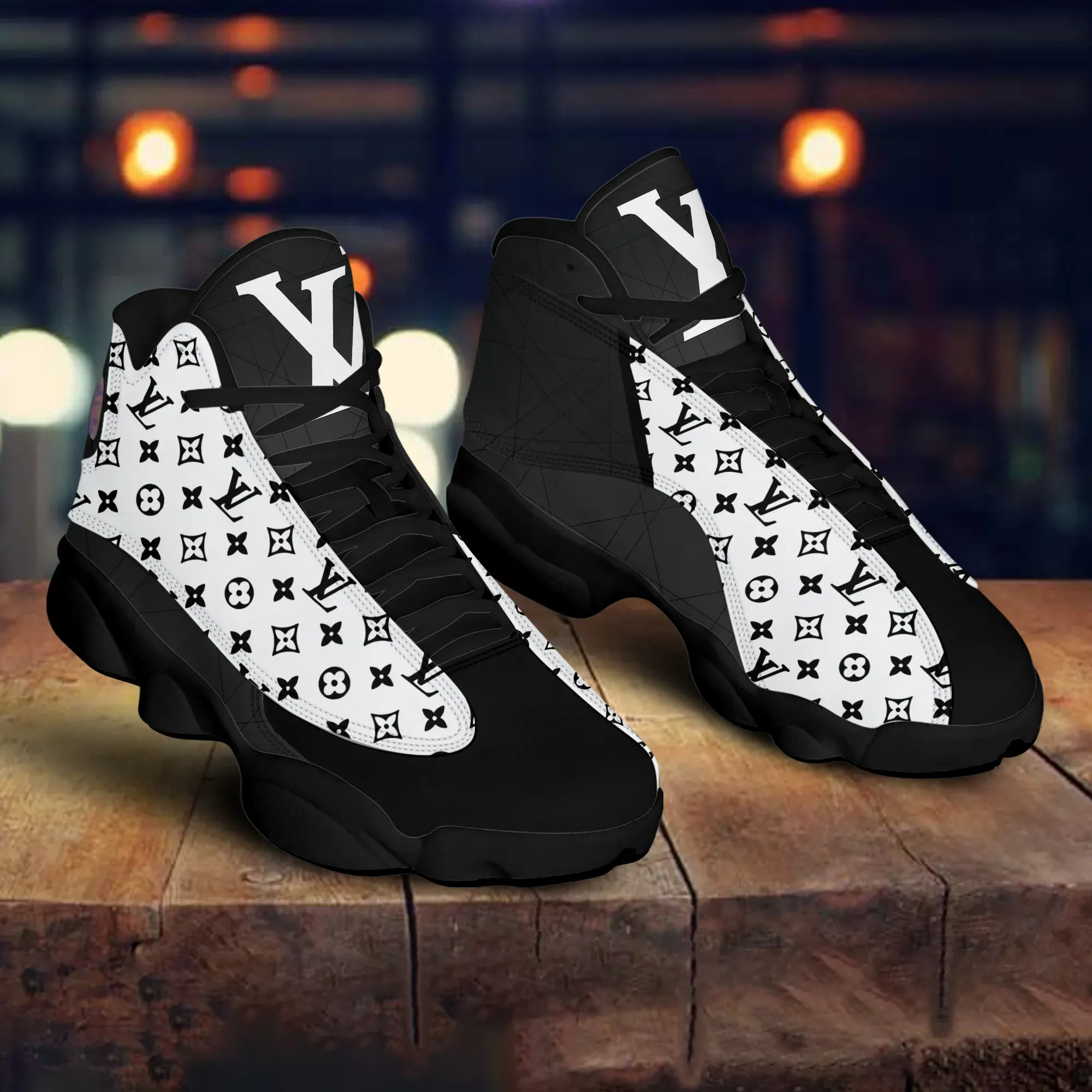 Louis Vuitton Black White Monogram Air Jordan 13 Fashion Luxury Trending Sneakers Shoes