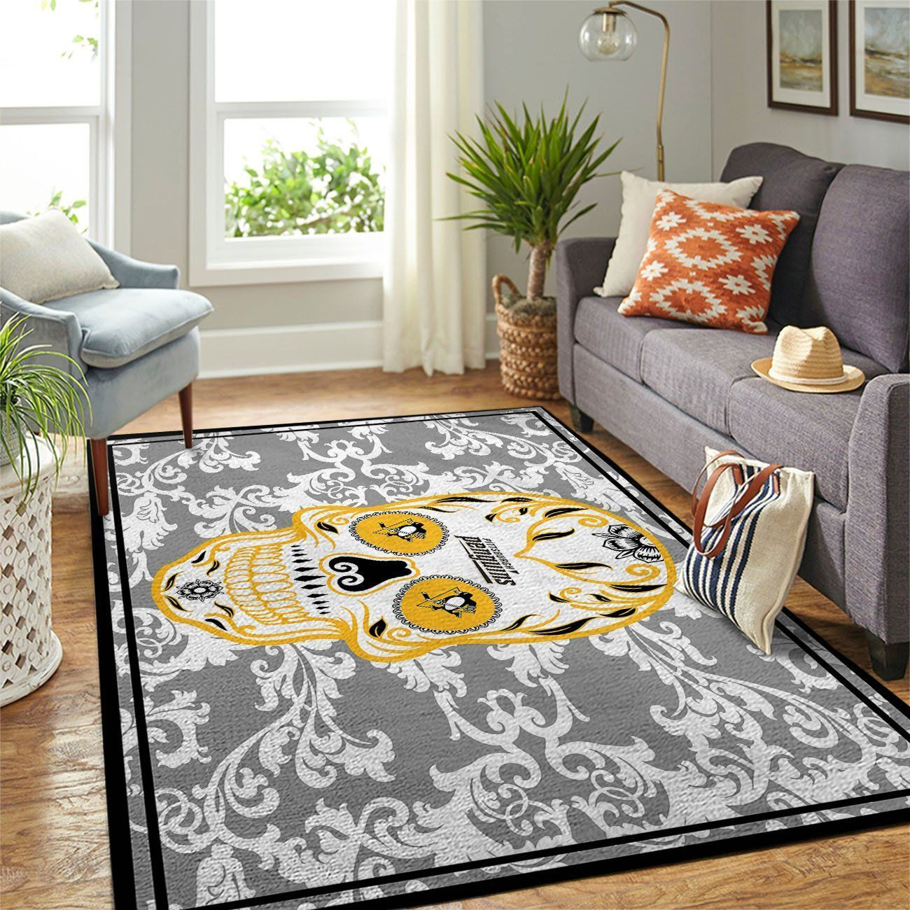 Pittsburgh Penguins Nhls Skull Flower Style Type 7098 Rug Area Carpet Living Room Home Decor